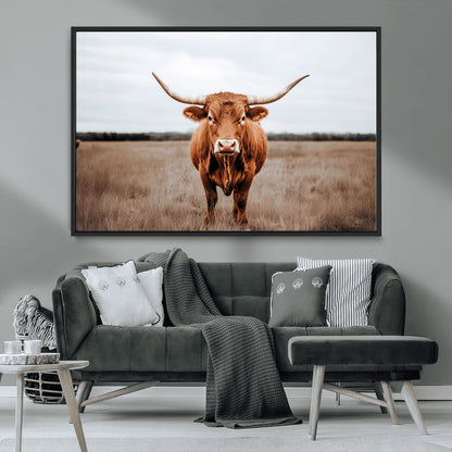 16316734-MGV-CV-36X24-Texas Longhorn Wall Art – Rustic Bull Portrait Canvas Print, Western Farmhouse Animal Photography Decor for Living Room, Office,