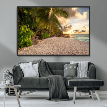 89531159-MGV-CV-36X24-Tropical Beach Sunset Canvas Wall Art – Palm Trees Golden Sand Ocean Waves Coastal Paradise Print for Beach House Bedroom Bathroom