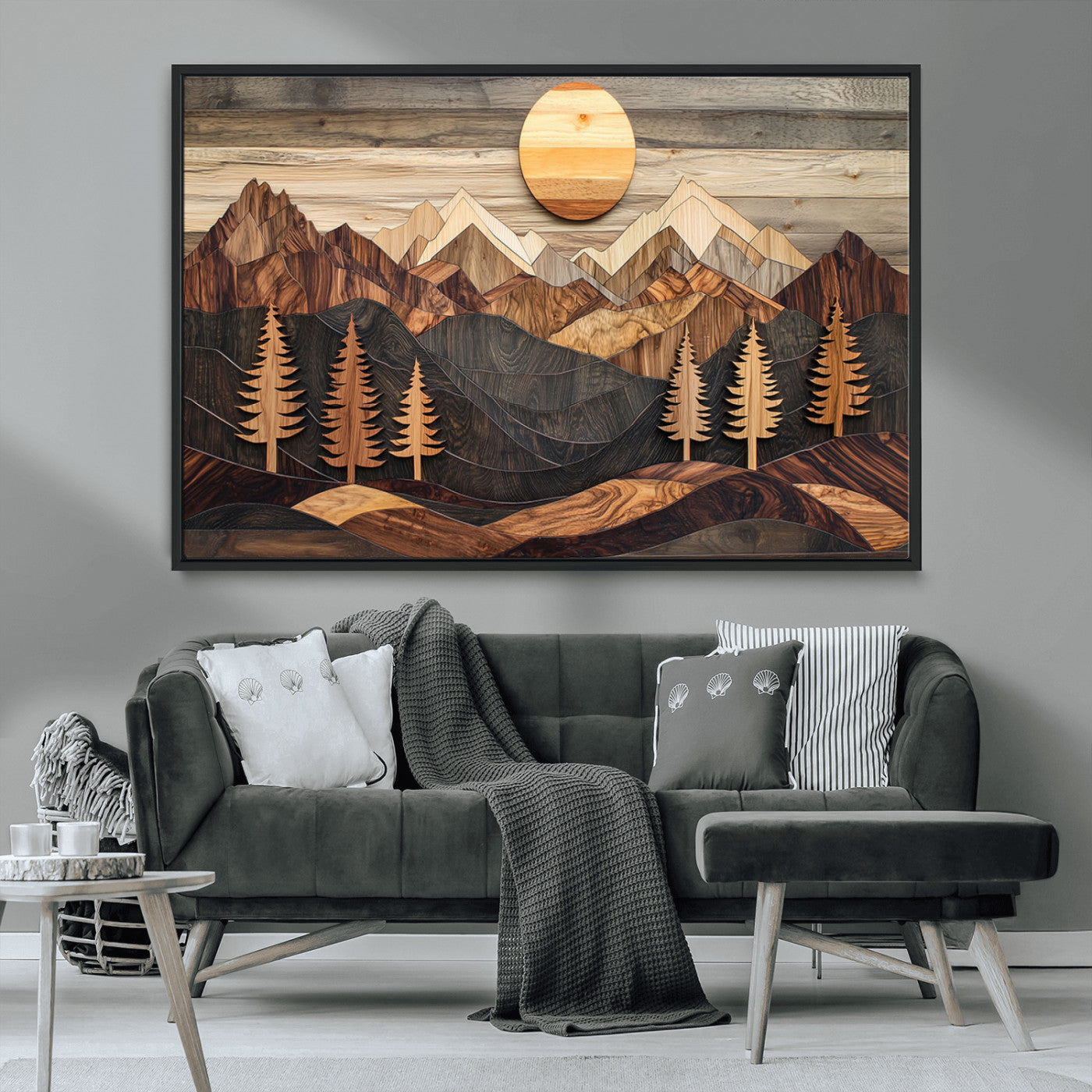 90044381-MGV-CV-36X24-Rustic Wall Art – Wooden Mountain Landscape with Sun and Pine Trees, Handcrafted Nature Canvas Style Decor for Bedroom, Living