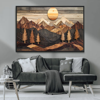 90044381-MGV-CV-36X24-Rustic Wall Art – Wooden Mountain Landscape with Sun and Pine Trees, Handcrafted Nature Canvas Style Decor for Bedroom, Living