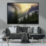 38316884-MGV-CV-36X24-Landscape Wall Art – Misty Mountain Valley Canvas Print, Scenic Pine Forest and Sunrise Photography Decor for Bedroom, Living