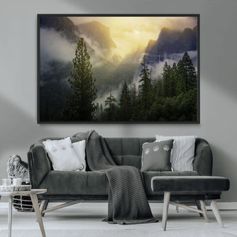 38316884-MGV-CV-36X24-Landscape Wall Art – Misty Mountain Valley Canvas Print, Scenic Pine Forest and Sunrise Photography Decor for Bedroom, Living
