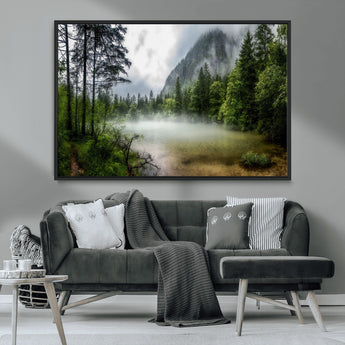 93123937-MGV-CV-36X24-Landscape Wall Art – Misty Mountain Lake Canvas Print, Tranquil Forest and Waterfall Photography Decor for Bedroom, Living Room,