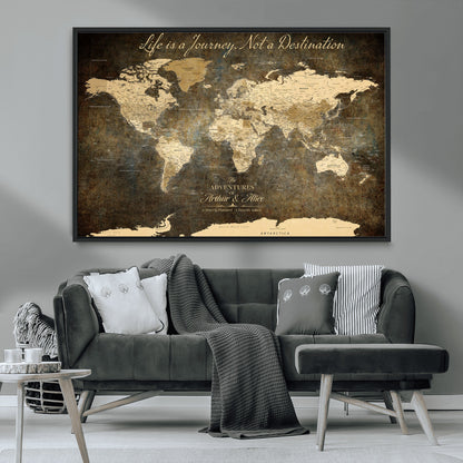 13394308-MGV-CV-36X24-Personalized World Map Wall Art – Dark Rustic Vintage Adventure Travel Map with Custom Couple Names, Timeless Wall Decor for Home