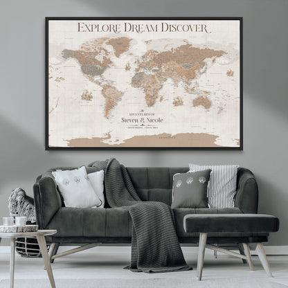 56148717-MGV-CV-36X24-Personalized World Map Wall Art – Neutral Beige & Brown Vintage Adventure Travel Map with Custom Couple Names, Classic Wall Decor