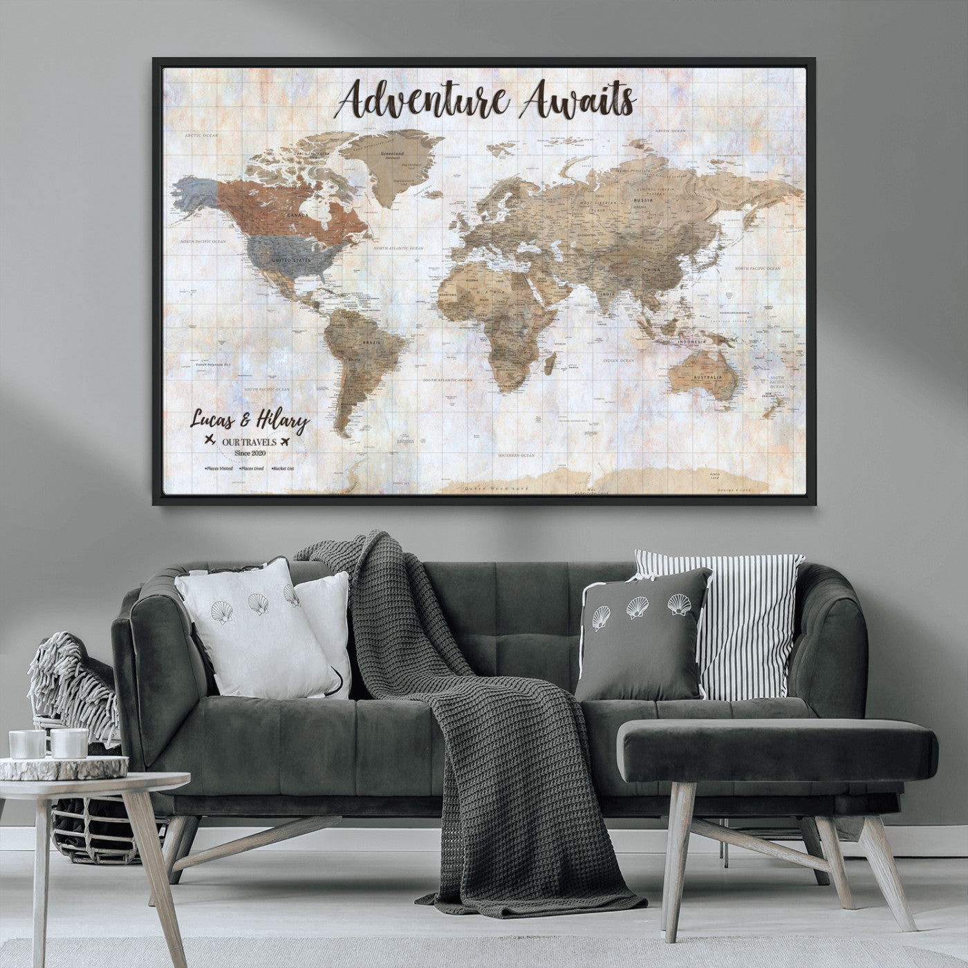 30792405-MGV-CV-36X24-Personalized World Map Wall Art – Rustic Beige Adventure Travel Map with Custom Couple Names, Vintage Wall Decor for Home or