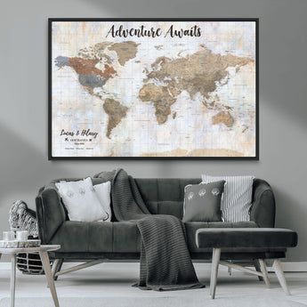 30792405-MGV-CV-36X24-Personalized World Map Wall Art – Rustic Beige Adventure Travel Map with Custom Couple Names, Vintage Wall Decor for Home or