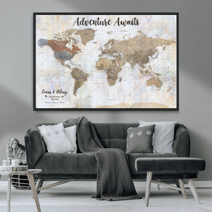30792405-MGV-CV-36X24-Personalized World Map Wall Art – Rustic Beige Adventure Travel Map with Custom Couple Names, Vintage Wall Decor for Home or