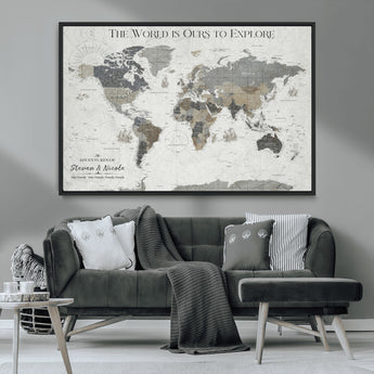 97082026-MGV-CV-36X24-Personalized World Map Wall Art – Vintage Gray Adventure Travel Map with Custom Couple or Family Names, Rustic Wall Decor for Home