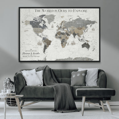 97082026-MGV-CV-36X24-Personalized World Map Wall Art – Vintage Gray Adventure Travel Map with Custom Couple or Family Names, Rustic Wall Decor for Home