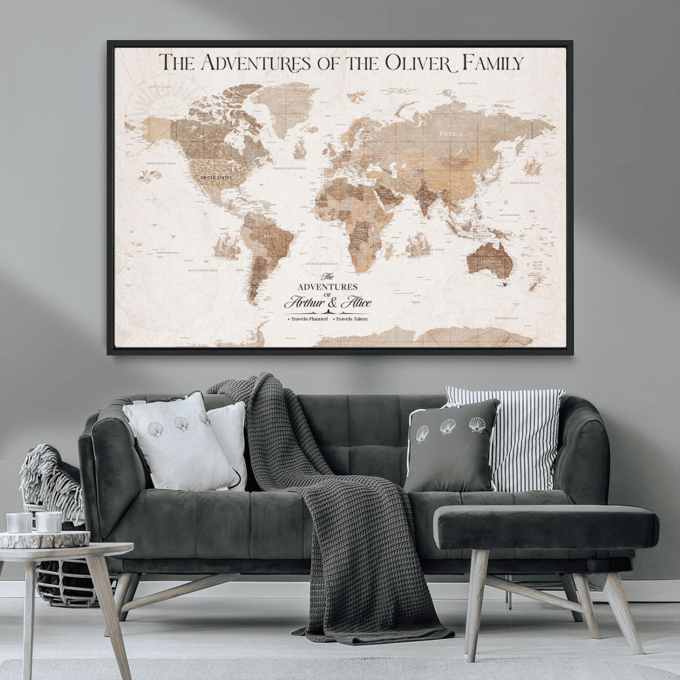 43869621-MGV-CV-36X24-Personalized World Map Wall Art – Light Beige Sepia Adventure Travel Map with Custom Family or Couple Names, Rustic Wall Decor for