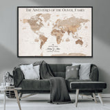 43869621-MGV-CV-36X24-Personalized World Map Wall Art – Light Beige Sepia Adventure Travel Map with Custom Family or Couple Names, Rustic Wall Decor for