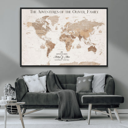 43869621-MGV-CV-36X24-Personalized World Map Wall Art – Light Beige Sepia Adventure Travel Map with Custom Family or Couple Names, Rustic Wall Decor for