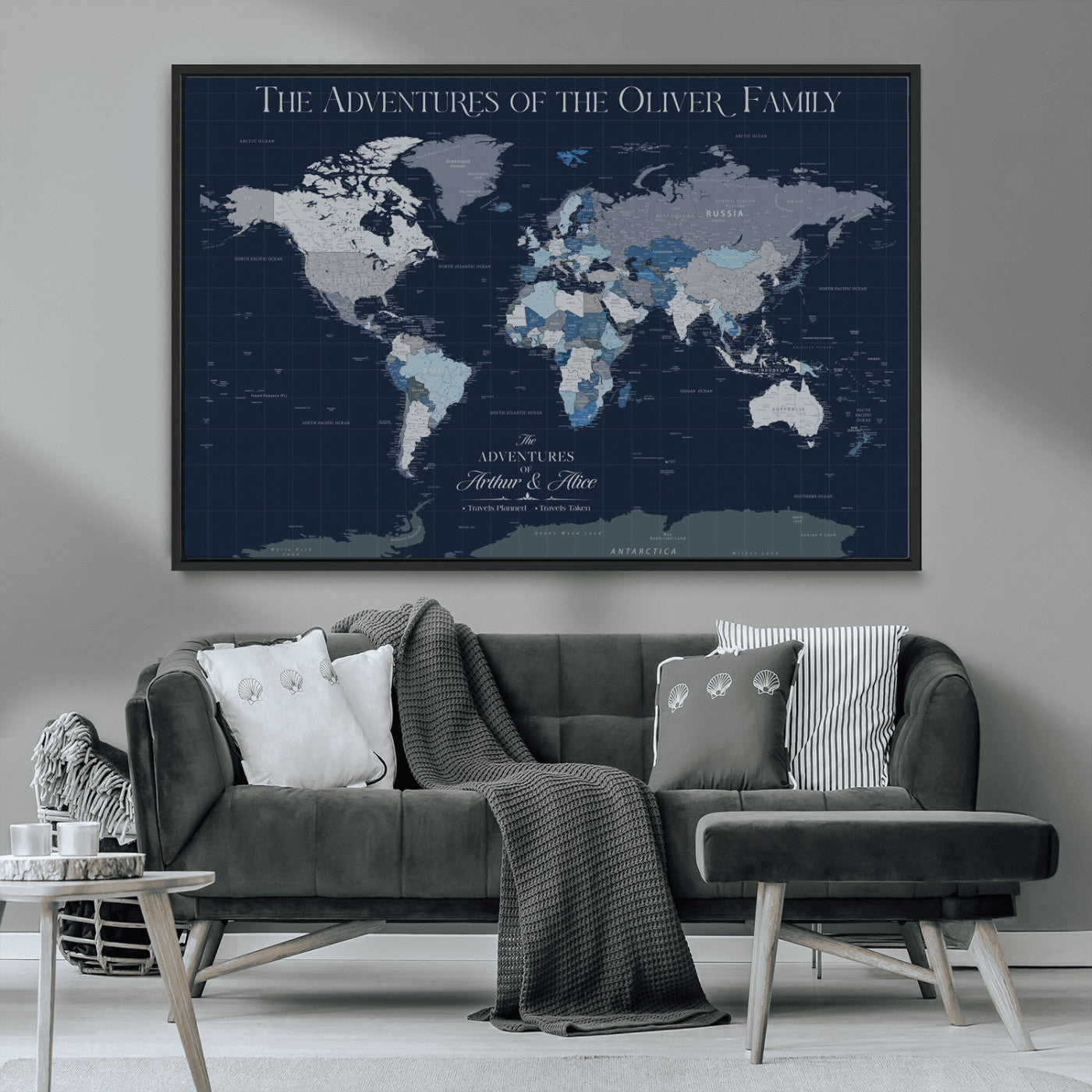 76726424-MGV-CV-36X24-Personalized World Map Wall Art – Navy Blue & Grey Adventure Travel Map with Custom Family or Couple Names, Modern Wall Decor for