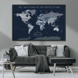 76726424-MGV-CV-36X24-Personalized World Map Wall Art – Navy Blue & Grey Adventure Travel Map with Custom Family or Couple Names, Modern Wall Decor for
