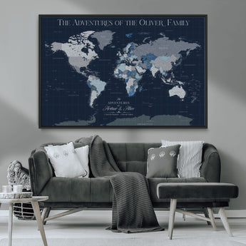76726424-MGV-CV-36X24-Personalized World Map Wall Art – Navy Blue & Grey Adventure Travel Map with Custom Family or Couple Names, Modern Wall Decor for