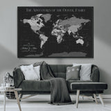 46064114-MGV-CV-36X24-Personalized World Map Wall Art – Black & Grey Adventure Travel Map with Custom Family or Couple Names, Modern Wall Decor for Home