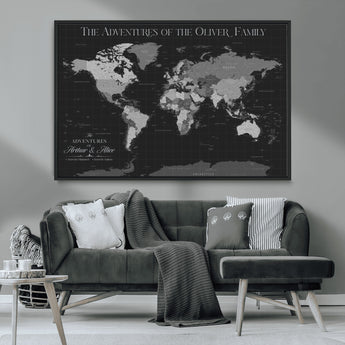 46064114-MGV-CV-36X24-Personalized World Map Wall Art – Black & Grey Adventure Travel Map with Custom Family or Couple Names, Modern Wall Decor for Home