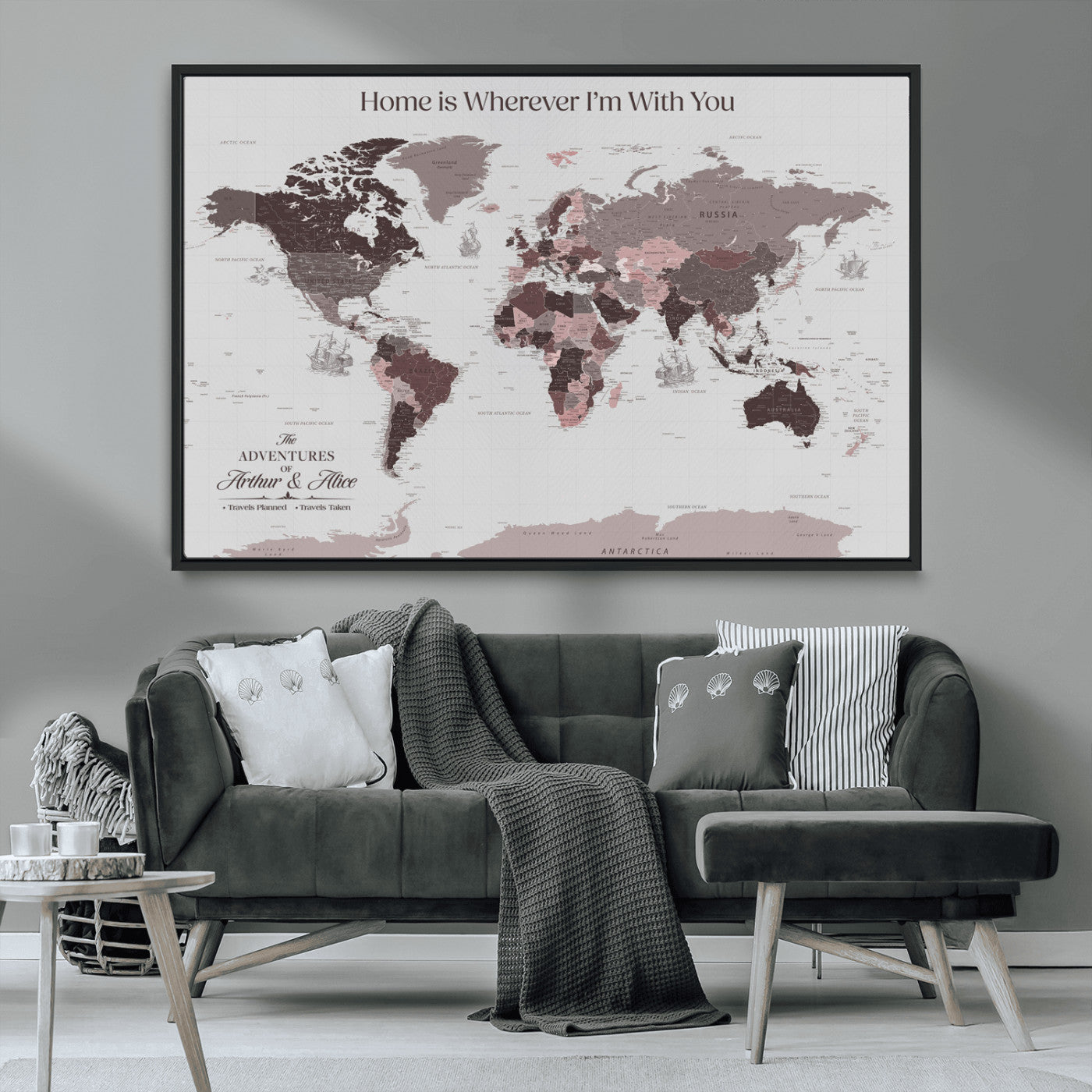 33204797-MGV-CV-36X24-Personalized World Map Wall Art – Burgundy & Grey Adventure Travel Map with Custom Names, Romantic Wall Decor for Couples, Home or