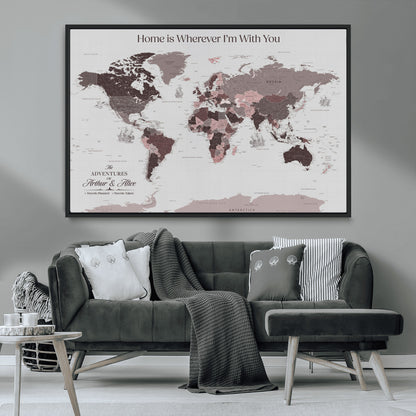 33204797-MGV-CV-36X24-Personalized World Map Wall Art – Burgundy & Grey Adventure Travel Map with Custom Names, Romantic Wall Decor for Couples, Home or