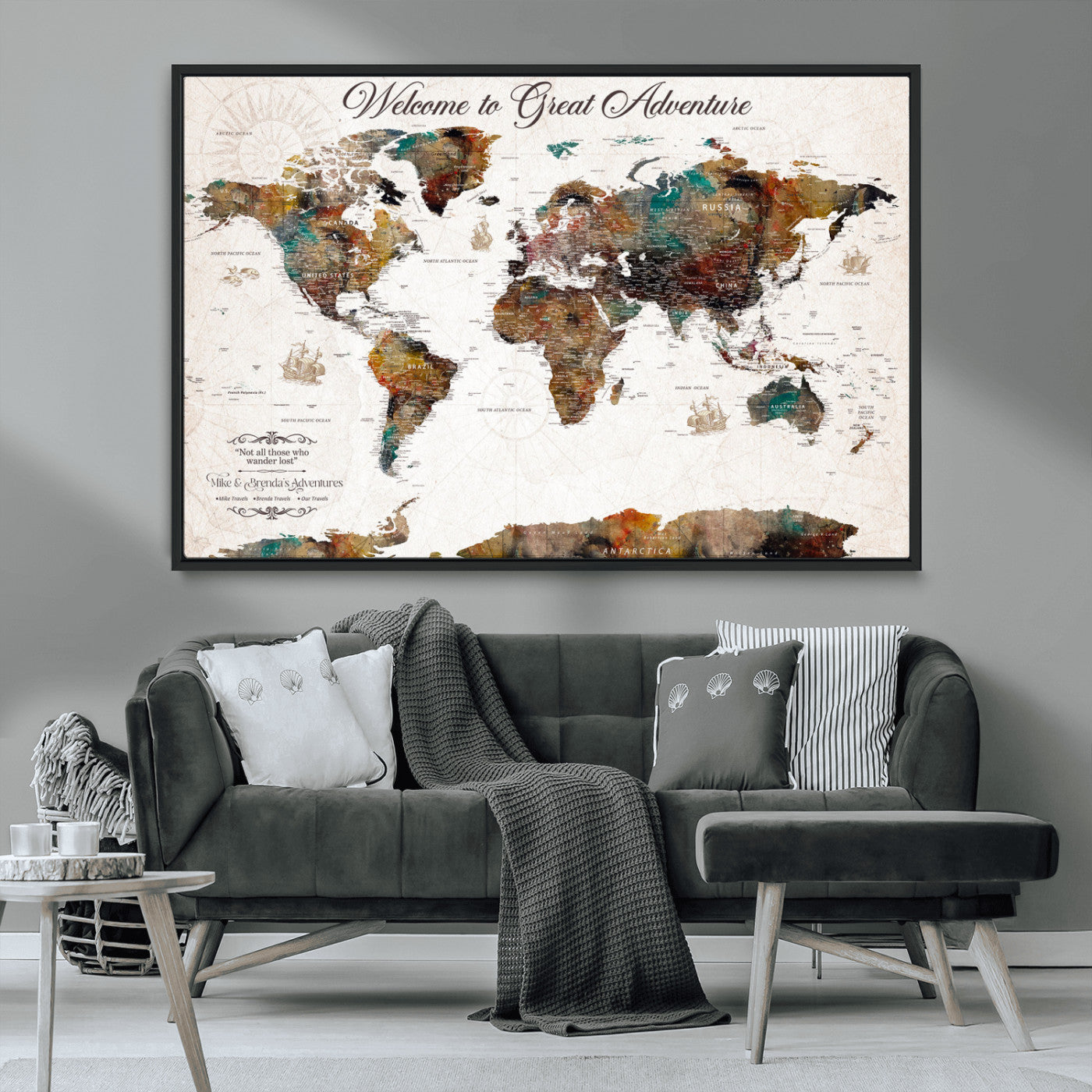 67029173-MGV-CV-36X24-Personalized World Map Wall Art – Colorful Vintage Adventure Travel Map with Custom Couple Names, Rustic Wall Decor for Home,