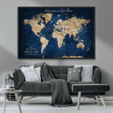 71052542-MGV-CV-36X24-Personalized World Map Wall Art – Rustic Navy Blue Adventure Travel Map with Custom Couple Names, Vintage Wall Decor for Home or