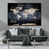 85403043-MGV-CV-36X24-Personalized World Map Wall Art – Dark Blue Rustic Adventure Map with Custom Couple Names, Vintage Wall Decor for Home or Travel