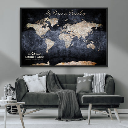 85403043-MGV-CV-36X24-Personalized World Map Wall Art – Dark Blue Rustic Adventure Map with Custom Couple Names, Vintage Wall Decor for Home or Travel