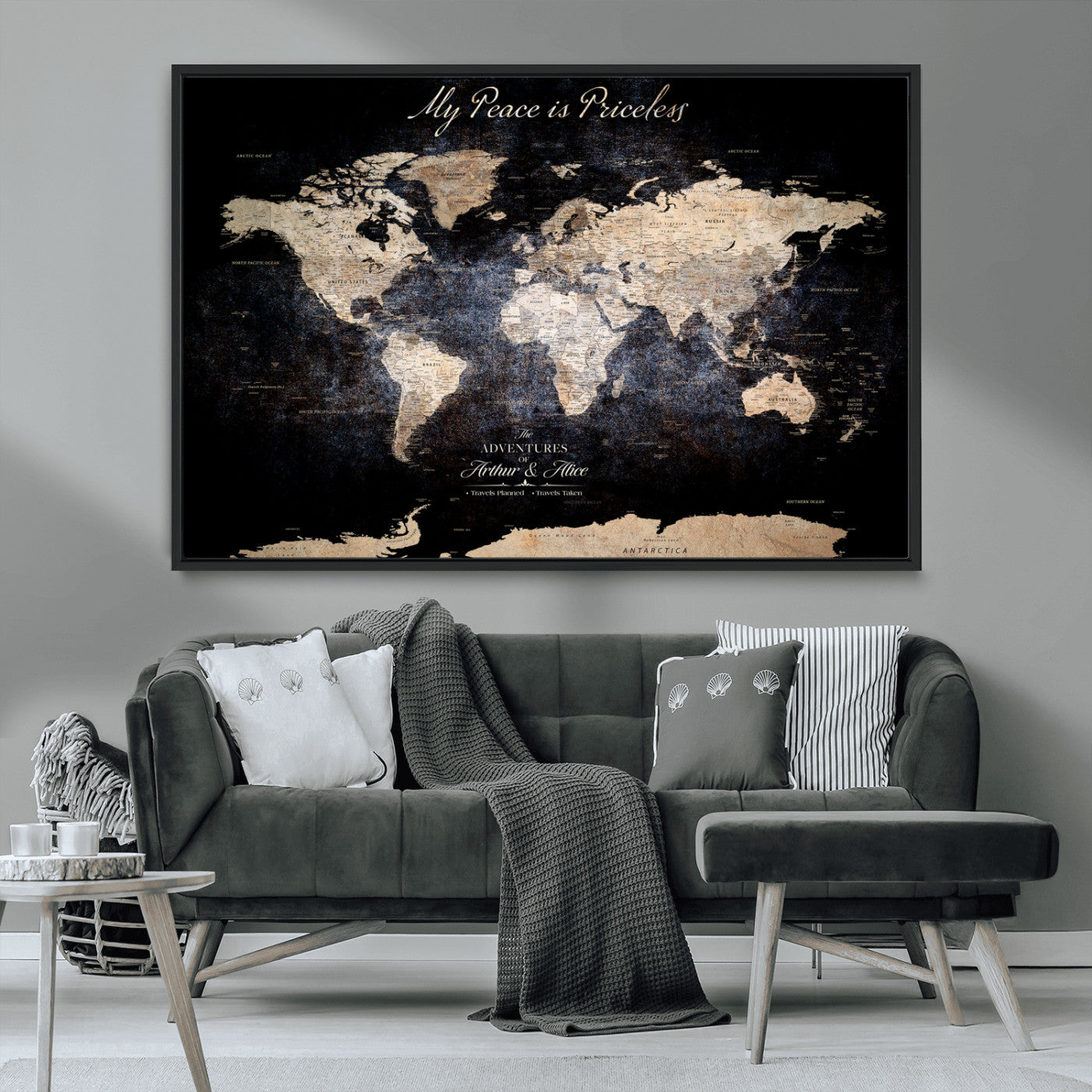 51488142-MGV-CV-36X24-Personalized World Map Wall Art – Dark Rustic Adventure Travel Map with Custom Names, Vintage Wall Decor for Couples, Families or
