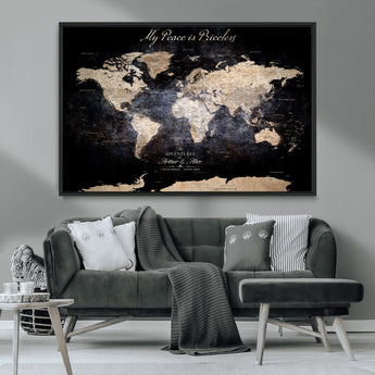 51488142-MGV-CV-36X24-Personalized World Map Wall Art – Dark Rustic Adventure Travel Map with Custom Names, Vintage Wall Decor for Couples, Families or