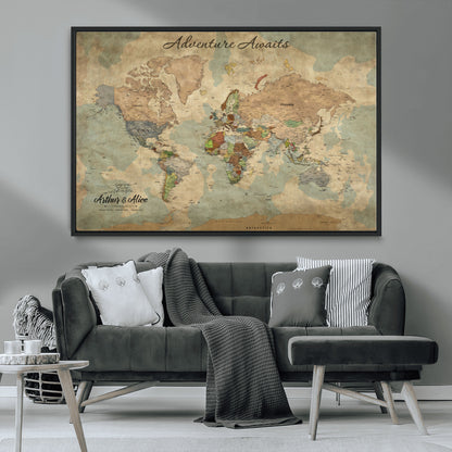 62500285-MGV-CV-36X24-Personalized World Map Wall Art – Rustic Watercolor Adventure Awaits Travel Map with Custom Couple Names, Vintage Wall Decor for
