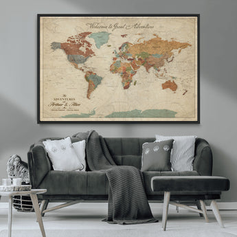 43497401-MGV-CV-36X24-Personalized World Map Wall Art – Vintage Rustic Adventure Travel Map with Custom Couple Names, Welcome to Great Adventure Wall