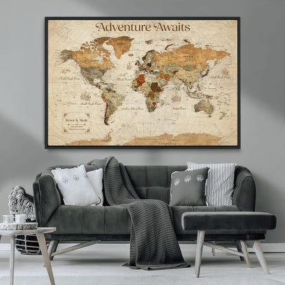 18685073-MGV-CV-36X24-Personalized World Map Wall Art – Antique Vintage Parchment Adventure Awaits Travel Map with Custom Couple Names, Rustic Wall
