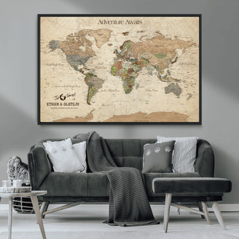 62766900-MGV-CV-36X24-Personalized World Map Wall Art – Antique Parchment Adventure Travel Map with Custom Couple Names, Rustic Wall Decor for Home,