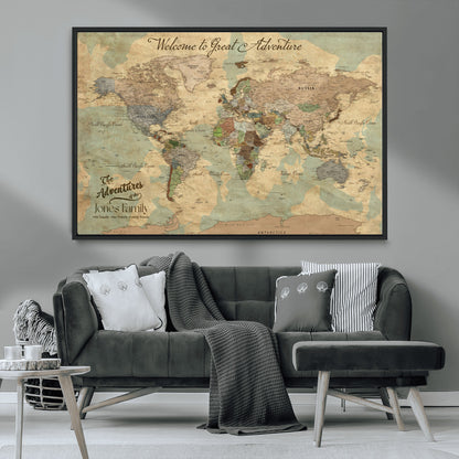 32019746-MGV-CV-36X24-Personalized World Map Wall Art – Vintage Camo Adventure Travel Map with Custom Family Names, Rustic Wall Decor for Couples, Home