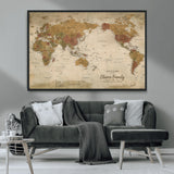 31874045-MGV-CV-36X24-Personalized World Map Wall Art – Vintage Earth Tone Adventure Map with Custom Family Names, Rustic Travel Decor for Home, Couples