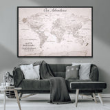 11706567-MGV-CV-36X24-Personalized World Map Wall Art – Minimalist Beige Adventure Travel Map with Custom Names, Elegant Push Pin Canvas for Couples,