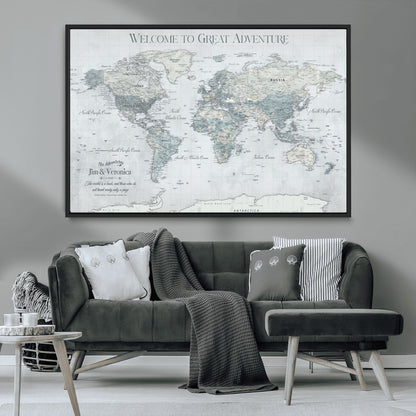 70605050-MGV-FC-36X24_Black-Personalized World Map Wall Art – Cool Gray Adventure Travel Map with Custom Names, Elegant Push Pin Canvas for Couples, Family