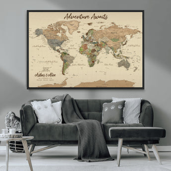 53442996-MGV-CV-36X24-Personalized World Map Wall Art – Adventure Awaits Vintage Travel Map with Custom Couple Names, Rustic Wall Decor for Home,