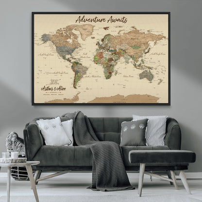 53442996-MGV-CV-36X24-Personalized World Map Wall Art – Adventure Awaits Vintage Travel Map with Custom Couple Names, Rustic Wall Decor for Home,