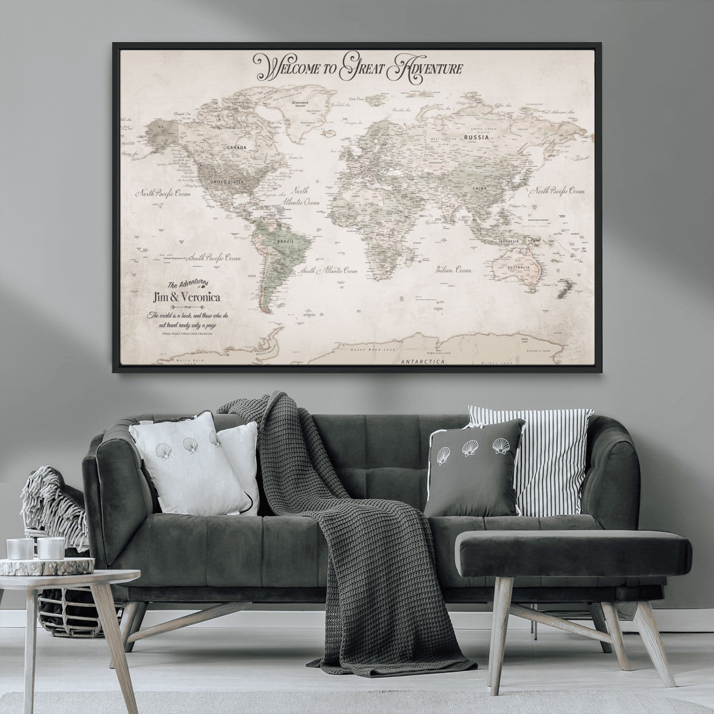 93034948-MGV-CV-36X24-Personalized World Map Wall Art – Vintage Beige Adventure Travel Map with Custom Names, Elegant Push Pin Canvas for Couples,