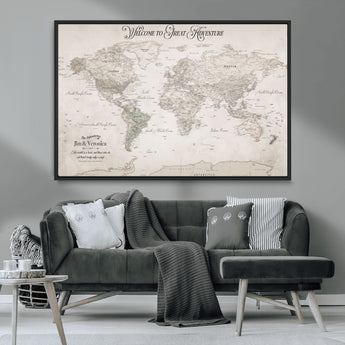 93034948-MGV-CV-36X24-Personalized World Map Wall Art – Vintage Beige Adventure Travel Map with Custom Names, Elegant Push Pin Canvas for Couples,