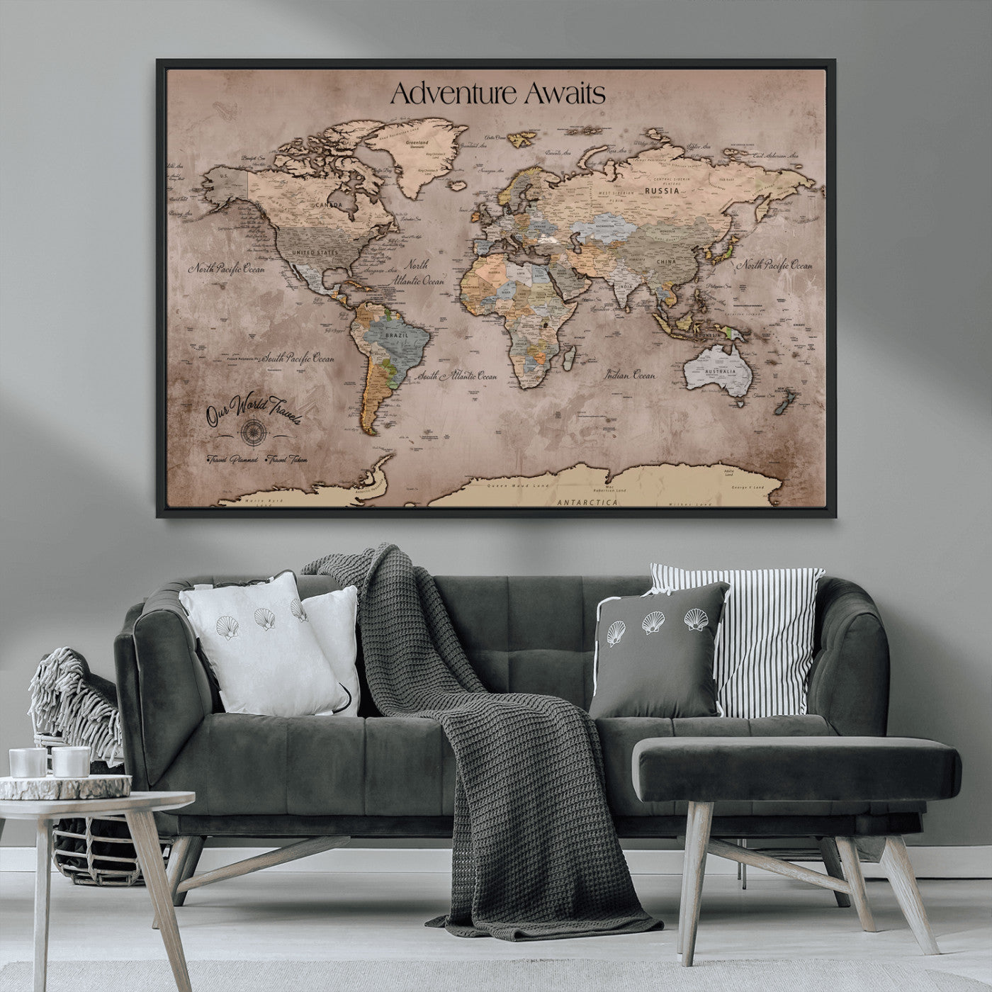 93226713-MGV-CV-36X24-Personalized World Map Wall Art – Adventure Awaits Rustic Earth-Tone Travel Map with Custom Names, Vintage Wall Decor for Couples,