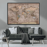 93226713-MGV-CV-36X24-Personalized World Map Wall Art – Adventure Awaits Rustic Earth-Tone Travel Map with Custom Names, Vintage Wall Decor for Couples,