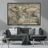 72658967-MGV-CV-36X24-Personalized World Map Wall Art – Adventure Awaits Rustic Sepia Travel Map with Custom Names, Vintage Wall Decor for Couples, Home