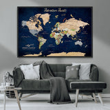 80965072-MGV-CV-36X24-Personalized World Map Wall Art – Adventure Awaits Navy Blue Travel Map with Custom Names, Rustic Vintage Wall Decor for Couples,