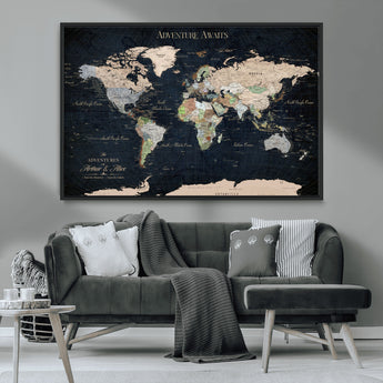 15547583-MGV-CV-36X24-Personalized World Map Wall Art – Rustic Navy Adventure Awaits Travel Map with Custom Couple Names, Vintage Wall Decor for Home or