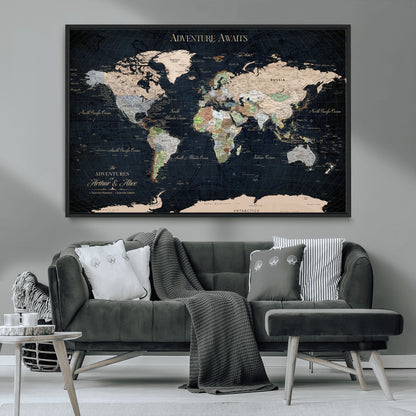 15547583-MGV-CV-36X24-Personalized World Map Wall Art – Rustic Navy Adventure Awaits Travel Map with Custom Couple Names, Vintage Wall Decor for Home or