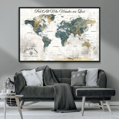 16233493-MGV-CV-36X24-Personalized World Map Wall Art – Rustic Blue Green Wanderlust Travel Map with Custom Couple Names, Vintage Wall Decor for Home