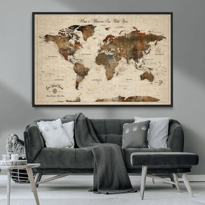 48225643-MGV-CV-36X24-Personalized World Map Wall Art – Rustic Vintage Adventure Travel Map with Custom Couple Names, Romantic Wall Decor for Home or